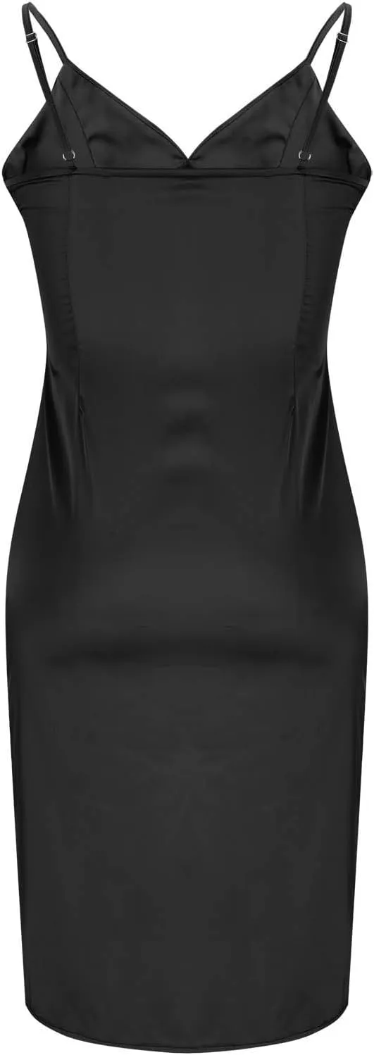 Women's Spaghetti Strap Midi Satin Silk Dresses Slip Sexy Deep V-Neck Sleeveless Party Cocktail Evening Dress