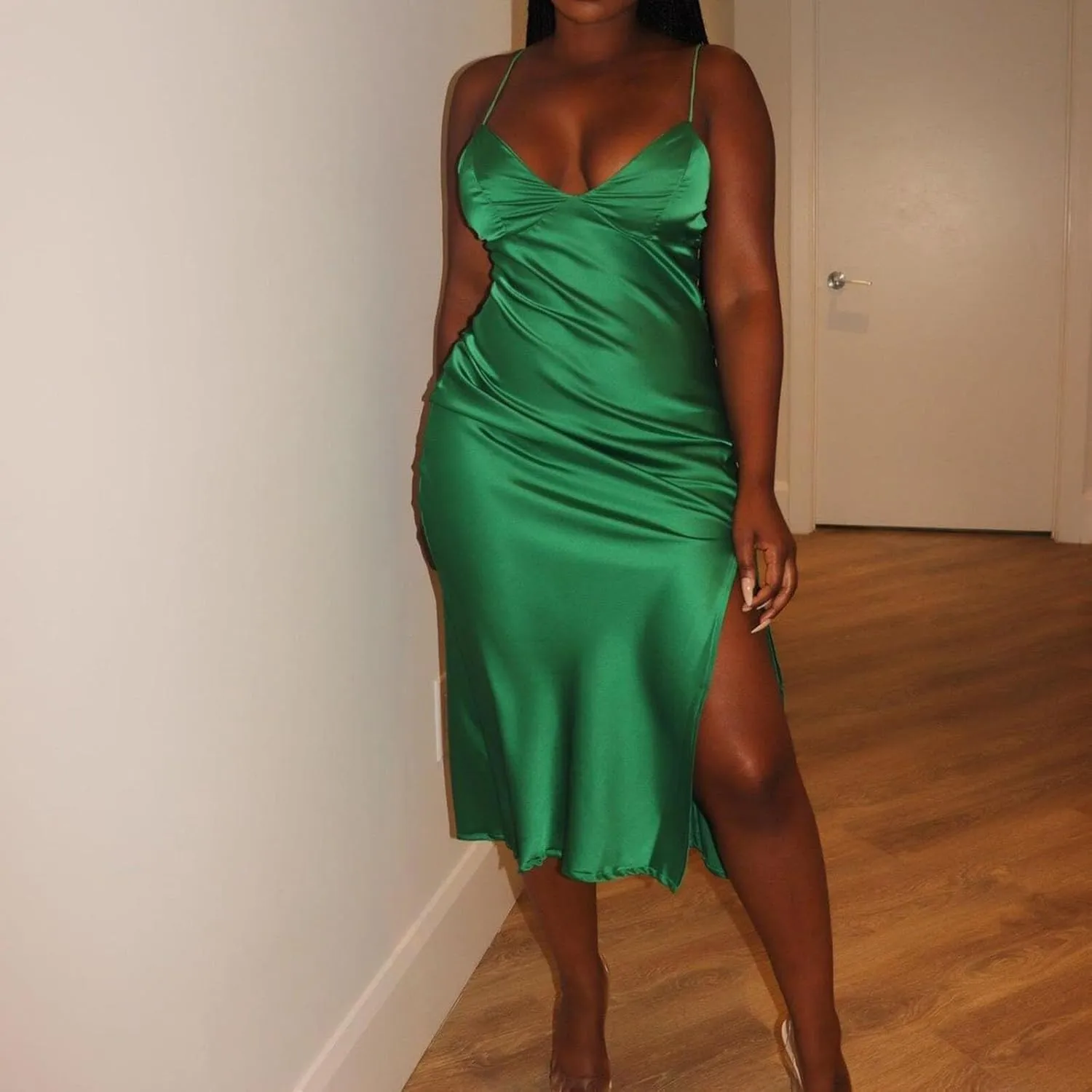 Women's Spaghetti Strap Midi Satin Silk Dresses Slip Sexy Deep V-Neck Sleeveless Party Cocktail Evening Dress