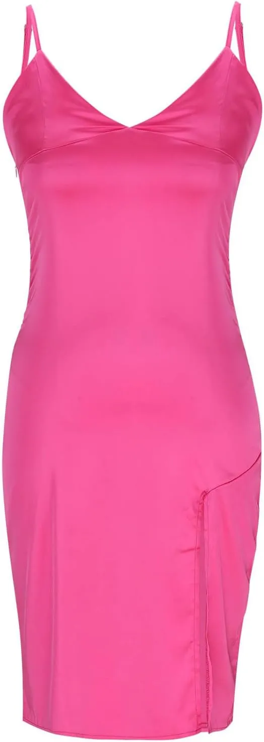 Women's Spaghetti Strap Midi Satin Silk Dresses Slip Sexy Deep V-Neck Sleeveless Party Cocktail Evening Dress
