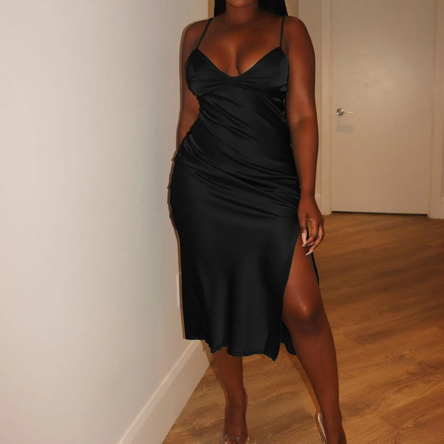 Women's Spaghetti Strap Midi Satin Silk Dresses Slip Sexy Deep V-Neck Sleeveless Party Cocktail Evening Dress