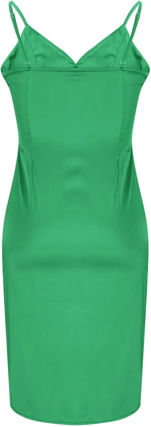 Women's Spaghetti Strap Midi Satin Silk Dresses Slip Sexy Deep V-Neck Sleeveless Party Cocktail Evening Dress