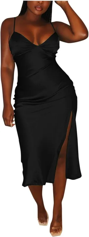 Women's Spaghetti Strap Midi Satin Silk Dresses Slip Sexy Deep V-Neck Sleeveless Party Cocktail Evening Dress