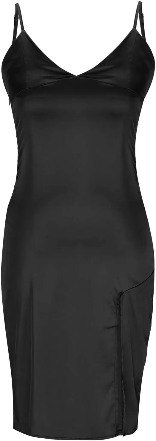 Women's Spaghetti Strap Midi Satin Silk Dresses Slip Sexy Deep V-Neck Sleeveless Party Cocktail Evening Dress