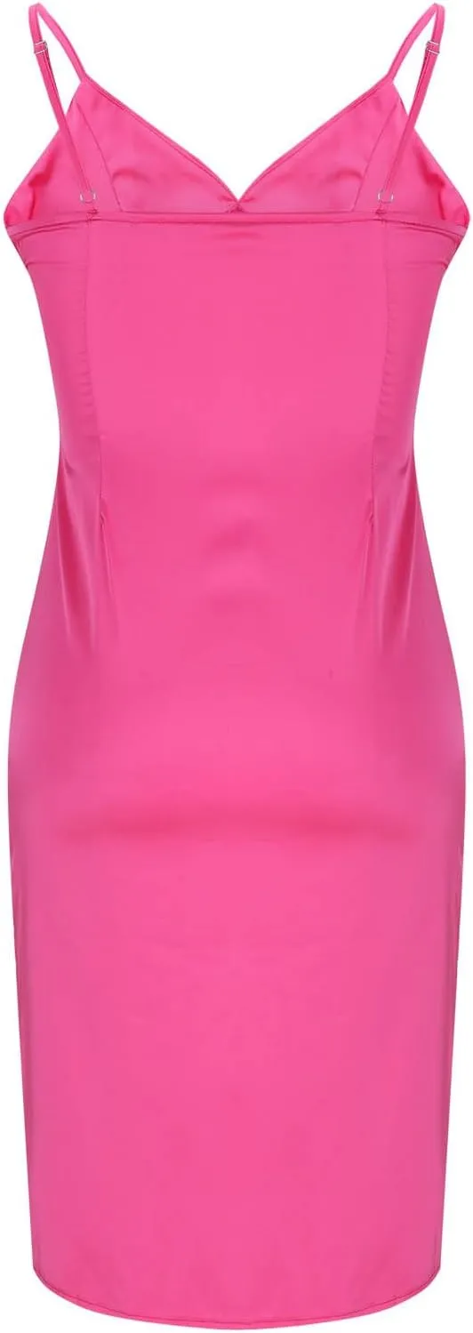 Women's Spaghetti Strap Midi Satin Silk Dresses Slip Sexy Deep V-Neck Sleeveless Party Cocktail Evening Dress