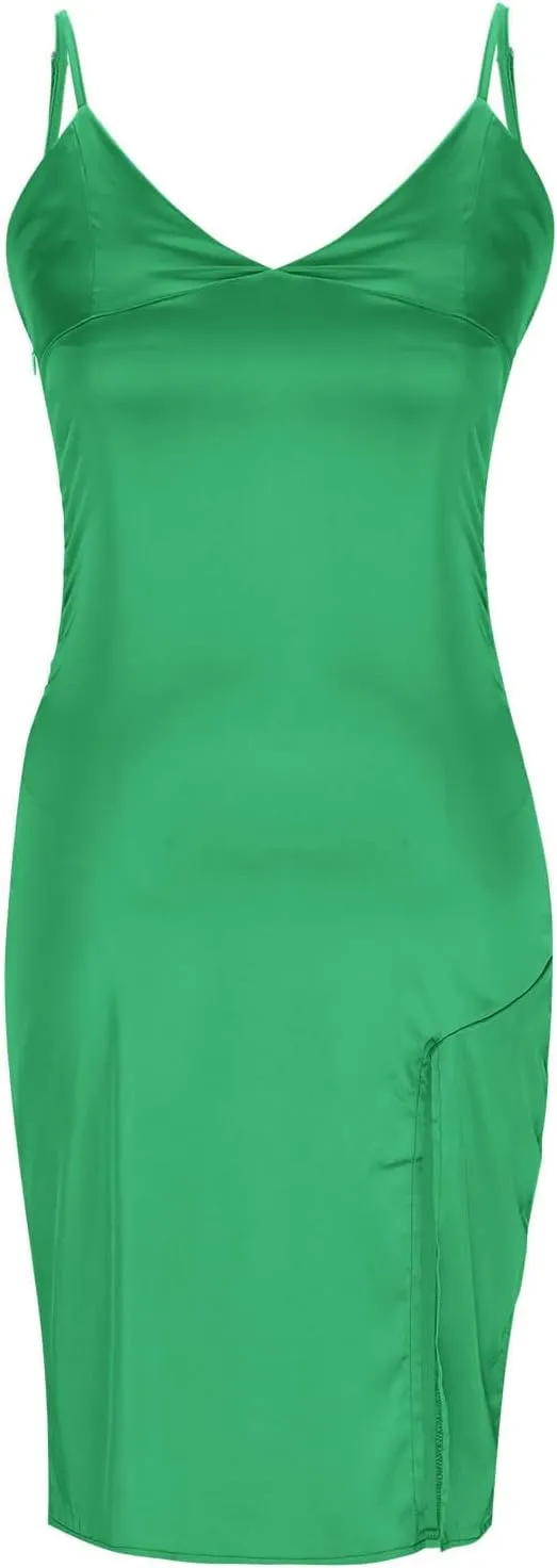 Women's Spaghetti Strap Midi Satin Silk Dresses Slip Sexy Deep V-Neck Sleeveless Party Cocktail Evening Dress