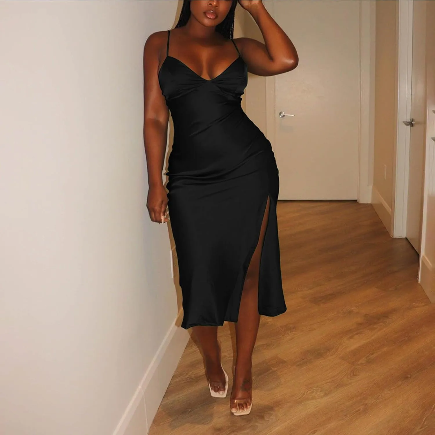 Women's Spaghetti Strap Midi Satin Silk Dresses Slip Sexy Deep V-Neck Sleeveless Party Cocktail Evening Dress