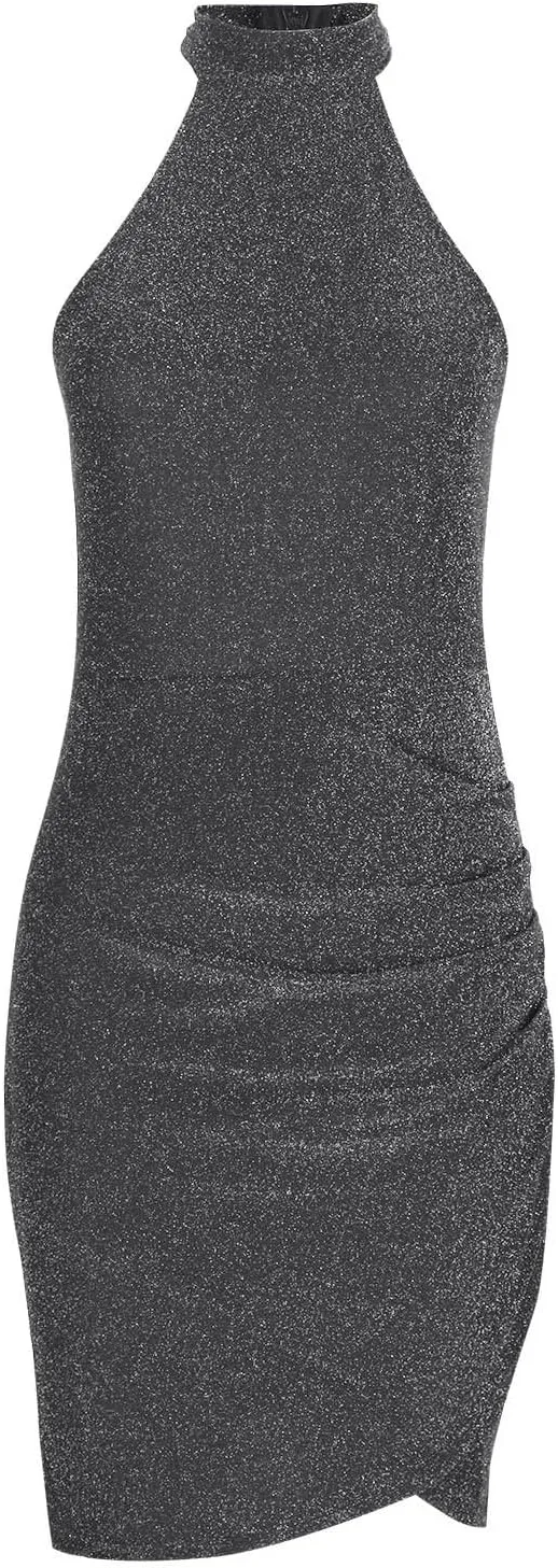 Womens Sparkly Glitter Sleeveless Formal Evening Bodycon Mini Dress Tight Wrap Elegant Party Club Cocktail Gowns 2025