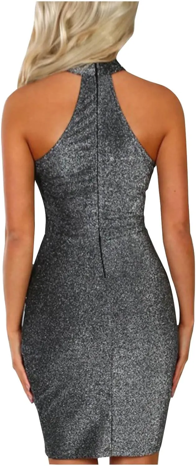 Womens Sparkly Glitter Sleeveless Formal Evening Bodycon Mini Dress Tight Wrap Elegant Party Club Cocktail Gowns 2025