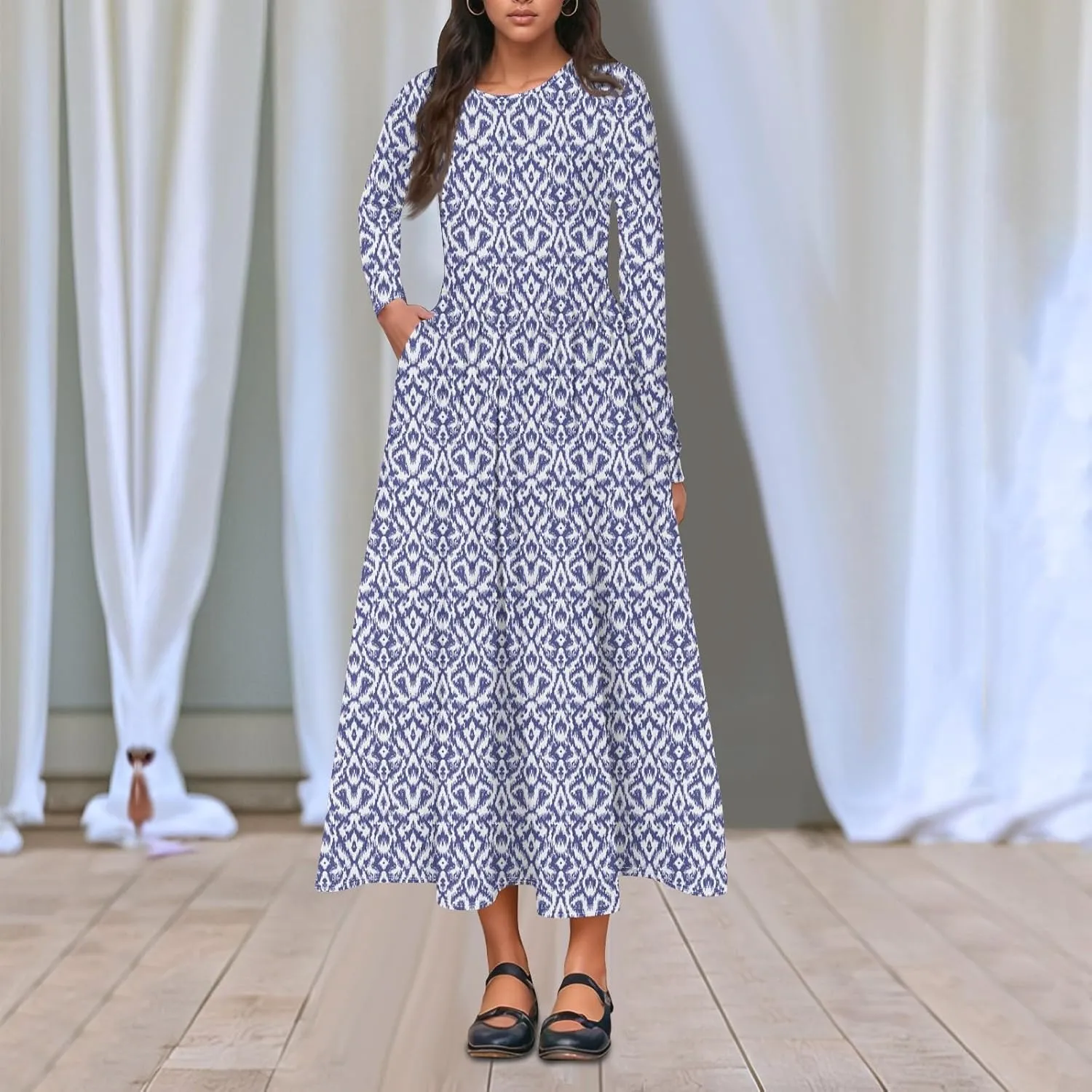 Womens Spring Dresses 2025 Long Sleeve V Neck Midi Work Flowy Boho Summer Swing Fitted Dress