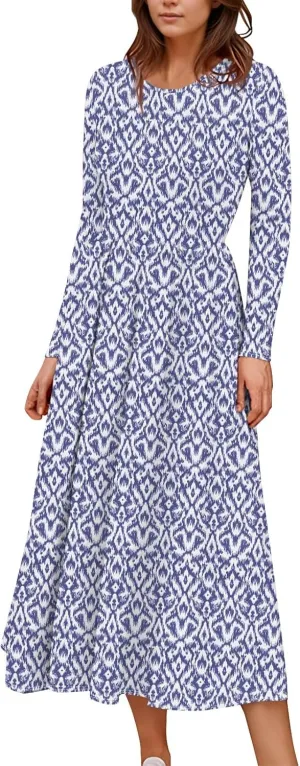 Womens Spring Dresses 2025 Long Sleeve V Neck Midi Work Flowy Boho Summer Swing Fitted Dress