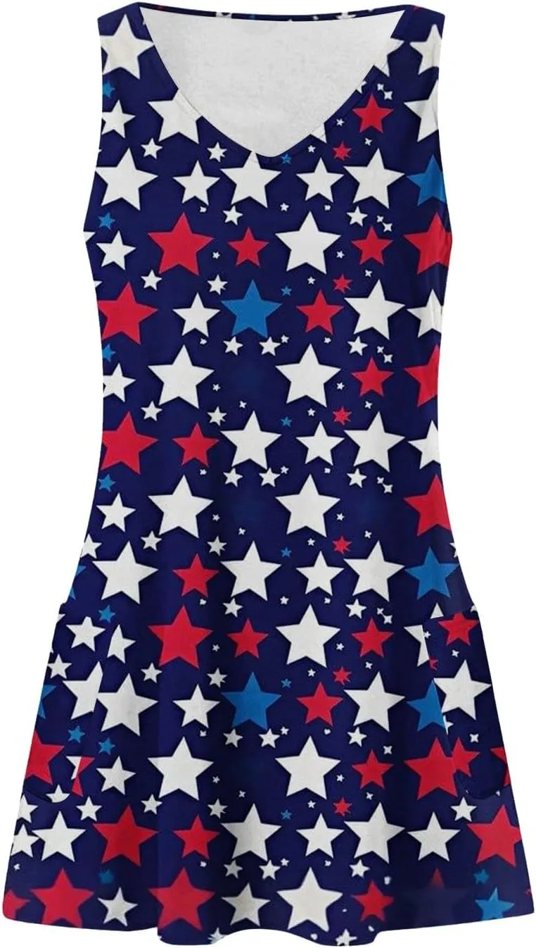 Womens Strapless V Neck Dresses American Flag Printed Casual Sleeveless Tank Skirts Loose Beach Vacation Clothes