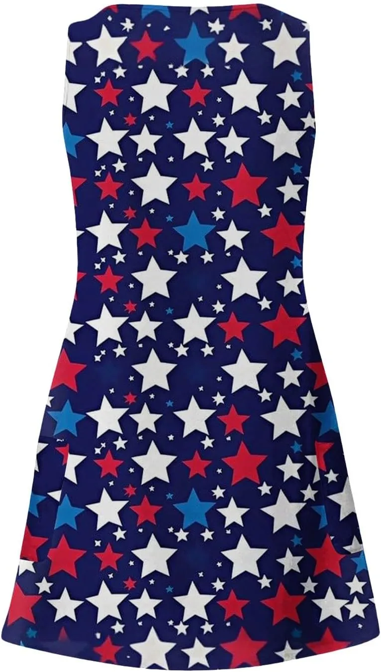 Womens Strapless V Neck Dresses American Flag Printed Casual Sleeveless Tank Skirts Loose Beach Vacation Clothes