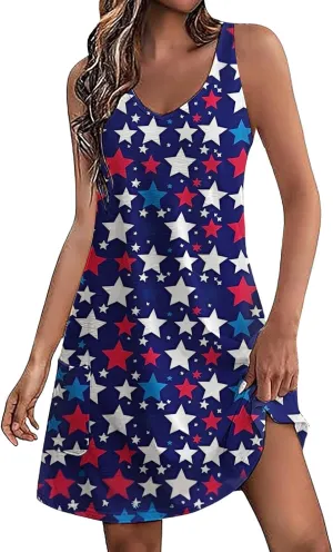 Womens Strapless V Neck Dresses American Flag Printed Casual Sleeveless Tank Skirts Loose Beach Vacation Clothes