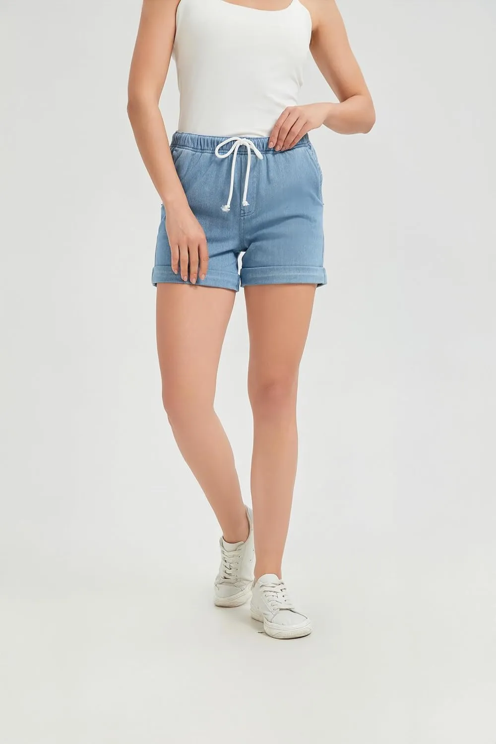 Women's Stretchy High-Rise Denim Jean Shorts, Casual Summer Beach Shorts with Pockets