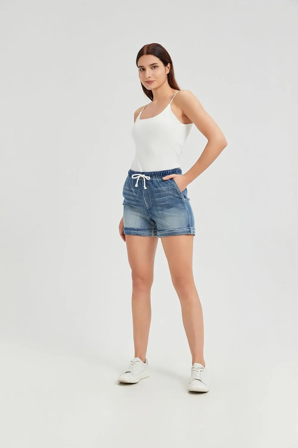 Women's Stretchy High-Rise Denim Jean Shorts, Casual Summer Beach Shorts with Pockets