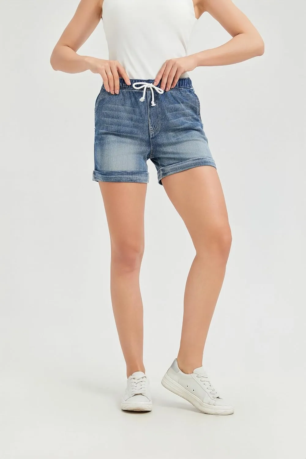 Women's Stretchy High-Rise Denim Jean Shorts, Casual Summer Beach Shorts with Pockets