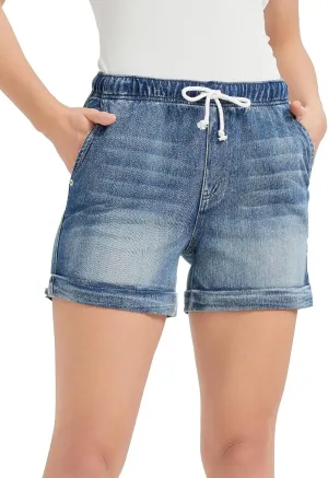Women's Stretchy High-Rise Denim Jean Shorts, Casual Summer Beach Shorts with Pockets