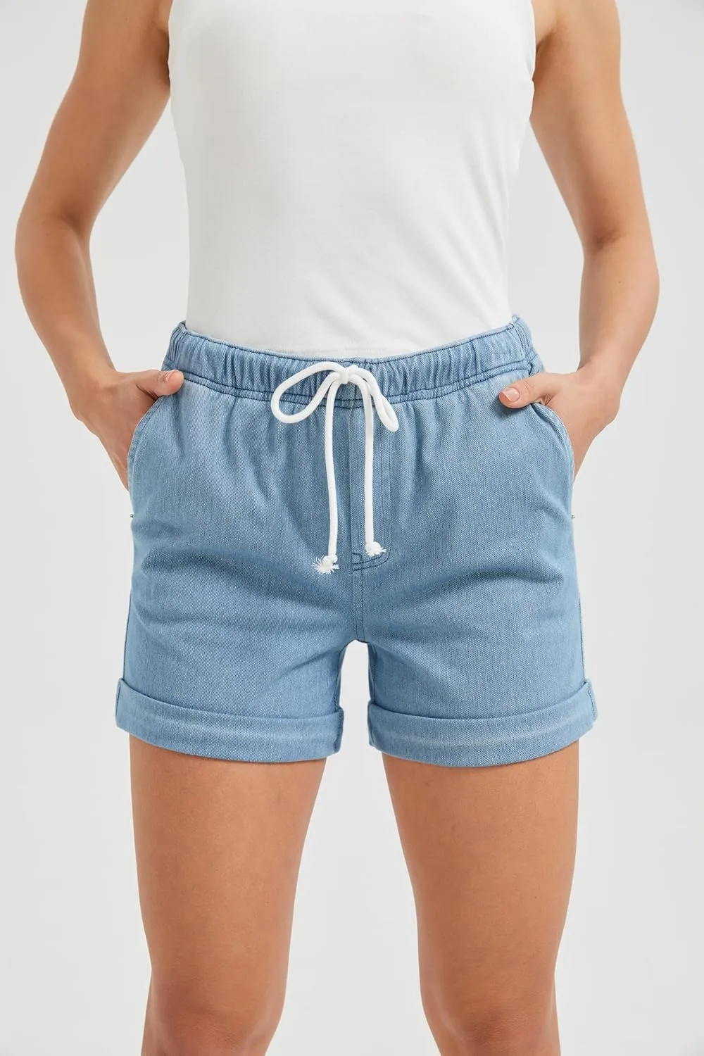 Women's Stretchy High-Rise Denim Jean Shorts, Casual Summer Beach Shorts with Pockets