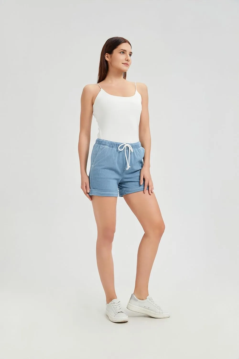 Women's Stretchy High-Rise Denim Jean Shorts, Casual Summer Beach Shorts with Pockets