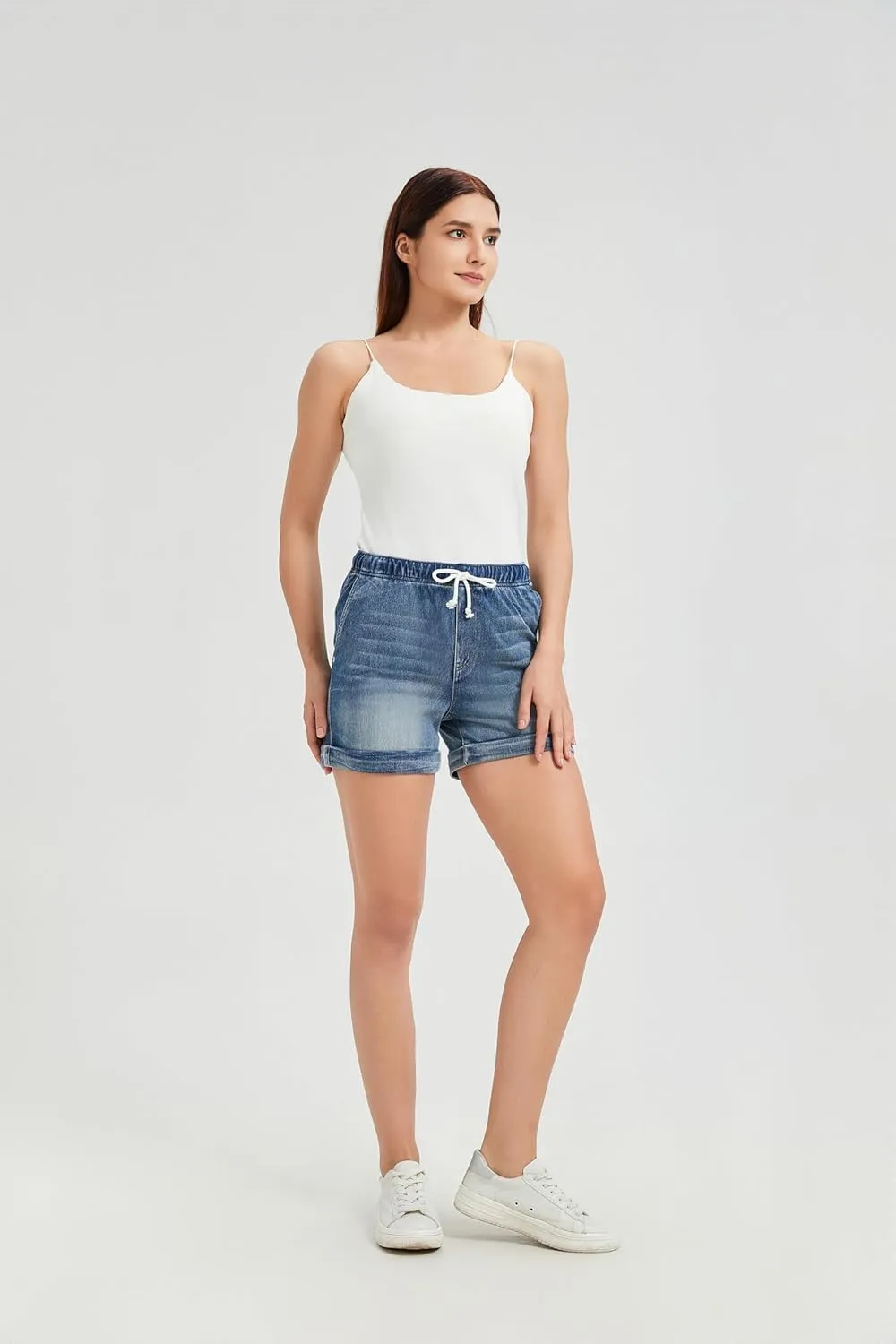 Women's Stretchy High-Rise Denim Jean Shorts, Casual Summer Beach Shorts with Pockets