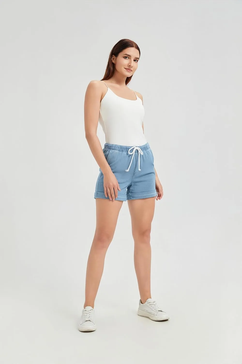 Women's Stretchy High-Rise Denim Jean Shorts, Casual Summer Beach Shorts with Pockets