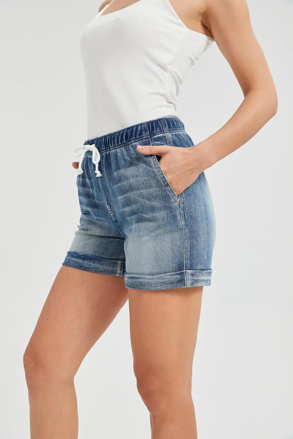 Women's Stretchy High-Rise Denim Jean Shorts, Casual Summer Beach Shorts with Pockets