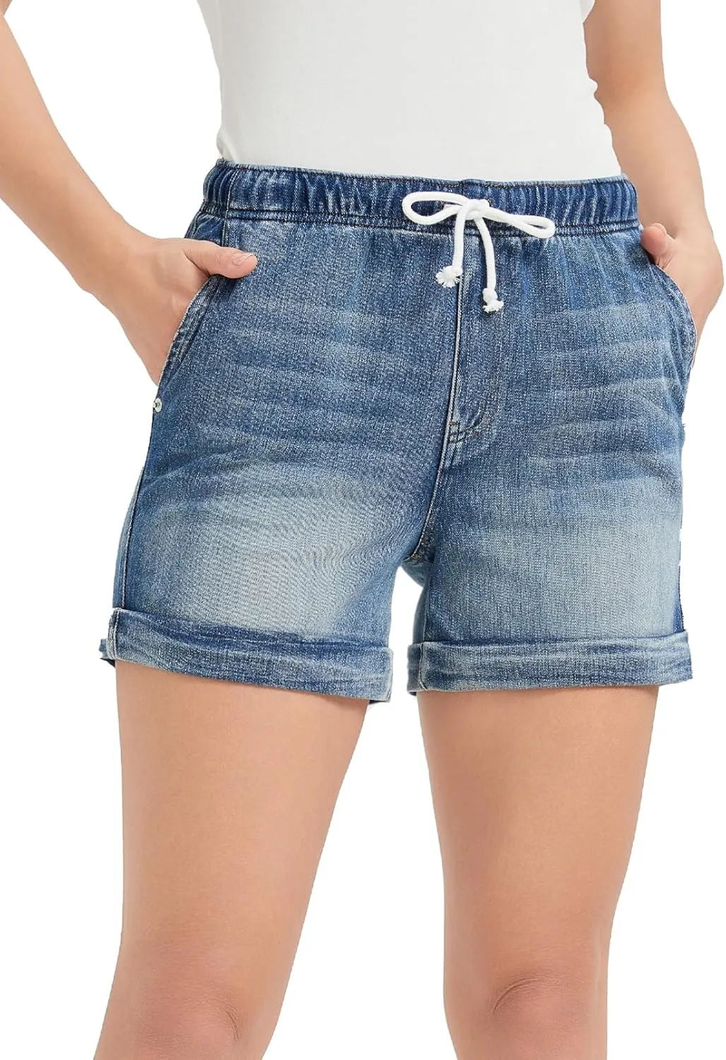 Women's Stretchy High-Rise Denim Jean Shorts, Casual Summer Beach Shorts with Pockets