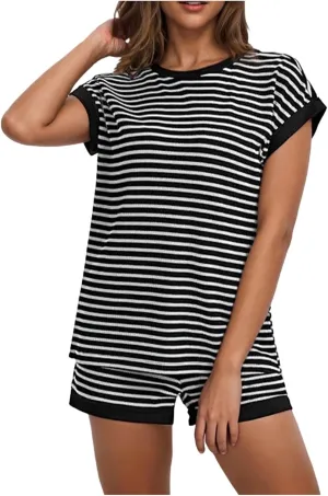 Womens Striped Pajama Sets Waffle Knit Lounge Set 2 Piece Outfits Loungewear Soft Shorts Sets Tracksuit Sweatsuit