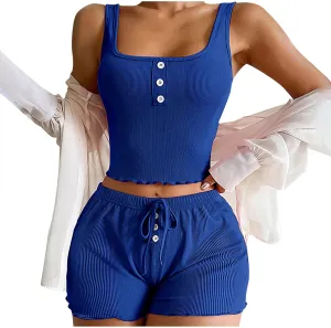 Women's Summer 2 Piece Outfit Ribbed Knit Lounge Set Tracksuit Sleeveless Crop Tank Tops Ruffle Shorts Casual Pajamas