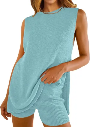 Women's Summer 2 Piece Sets Soft Lounge Sets Fashion Sleeveless Knit Sweater Top & Shorts Loose Comfy Vacation Outfits