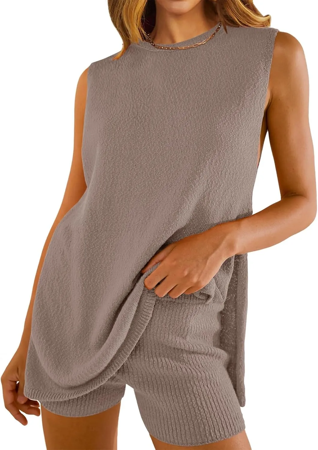 Women's Summer 2 Piece Sets Soft Lounge Sets Fashion Sleeveless Knit Sweater Top & Shorts Loose Comfy Vacation Outfits