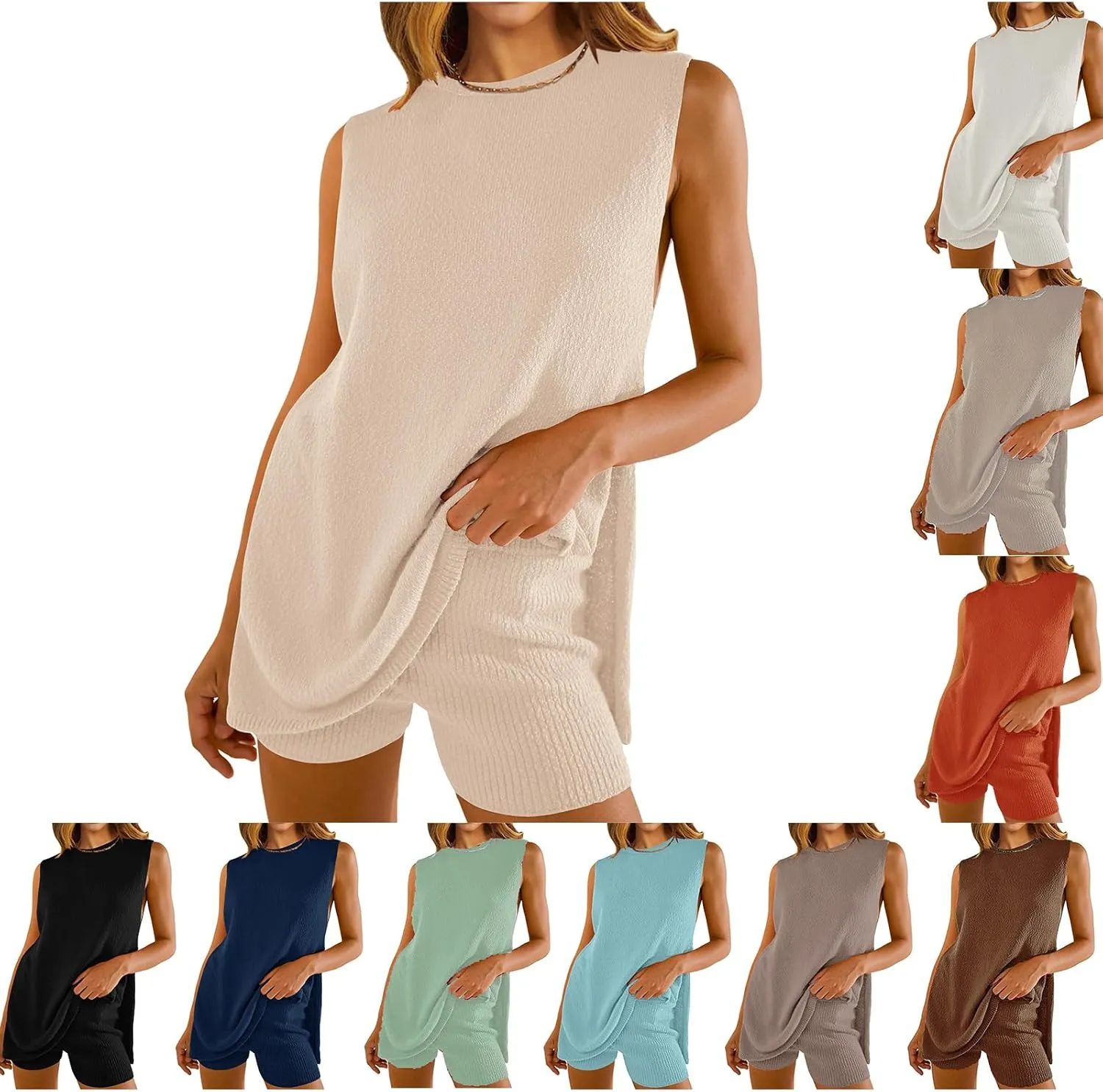 Women's Summer 2 Piece Sets Soft Lounge Sets Fashion Sleeveless Knit Sweater Top & Shorts Loose Comfy Vacation Outfits