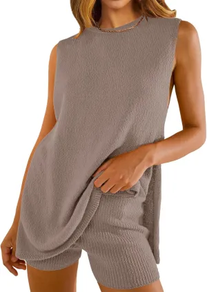 Women's Summer 2 Piece Sets Soft Lounge Sets Fashion Sleeveless Knit Sweater Top & Shorts Loose Comfy Vacation Outfits