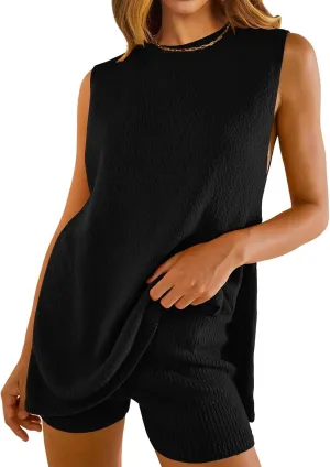 Women's Summer 2 Piece Sets Soft Lounge Sets Fashion Sleeveless Knit Sweater Top & Shorts Loose Comfy Vacation Outfits