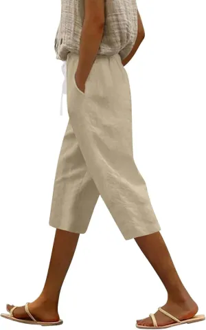 Womens Summer Bermuda Linen Shorts Knee Length Lightweight Loose Summer Casual Shorts with Pockets