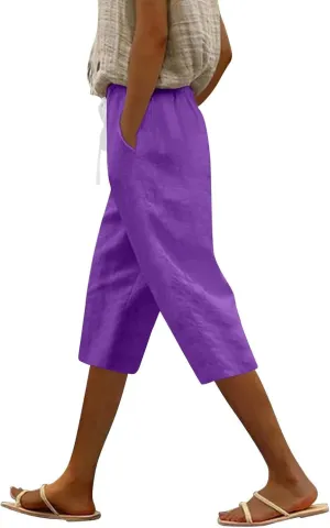 Womens Summer Bermuda Linen Shorts Knee Length Lightweight Loose Summer Casual Shorts with Pockets