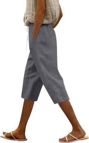 Womens Summer Bermuda Linen Shorts Knee Length Lightweight Loose Summer Casual Shorts with Pockets