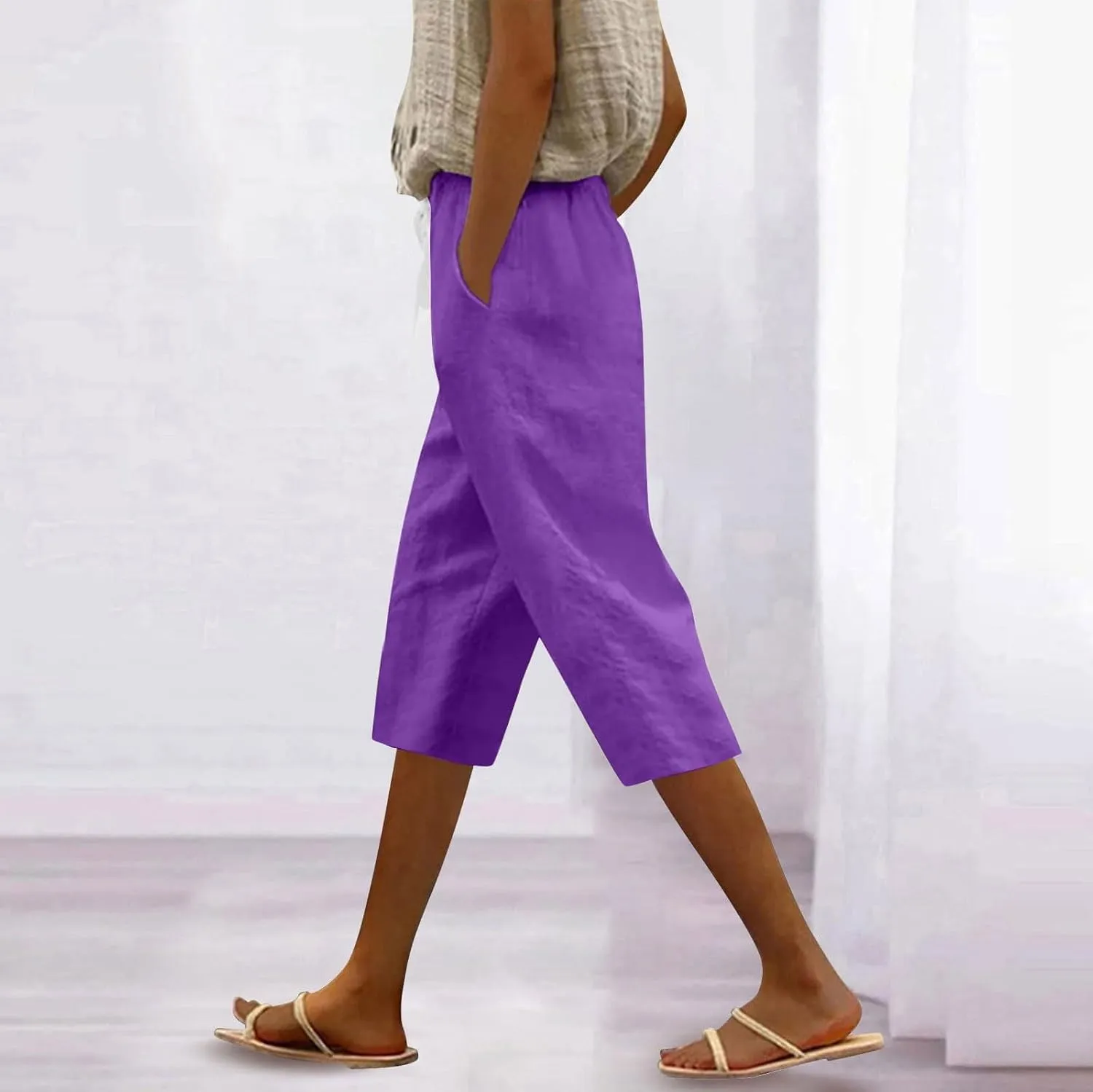 Womens Summer Bermuda Linen Shorts Knee Length Lightweight Loose Summer Casual Shorts with Pockets