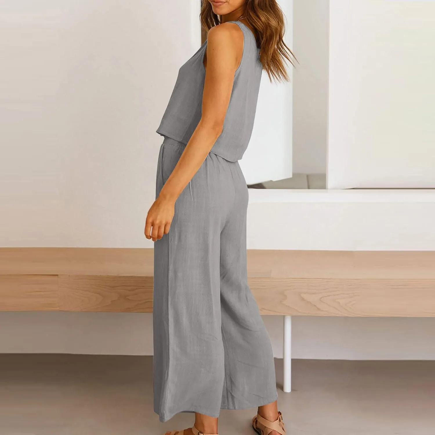 Women's Summer Cotton Linen 2 Piece Outfits Sleeveless Crop Top Capri Wide Leg Pants Trendy Lounge Beach Travel Sets