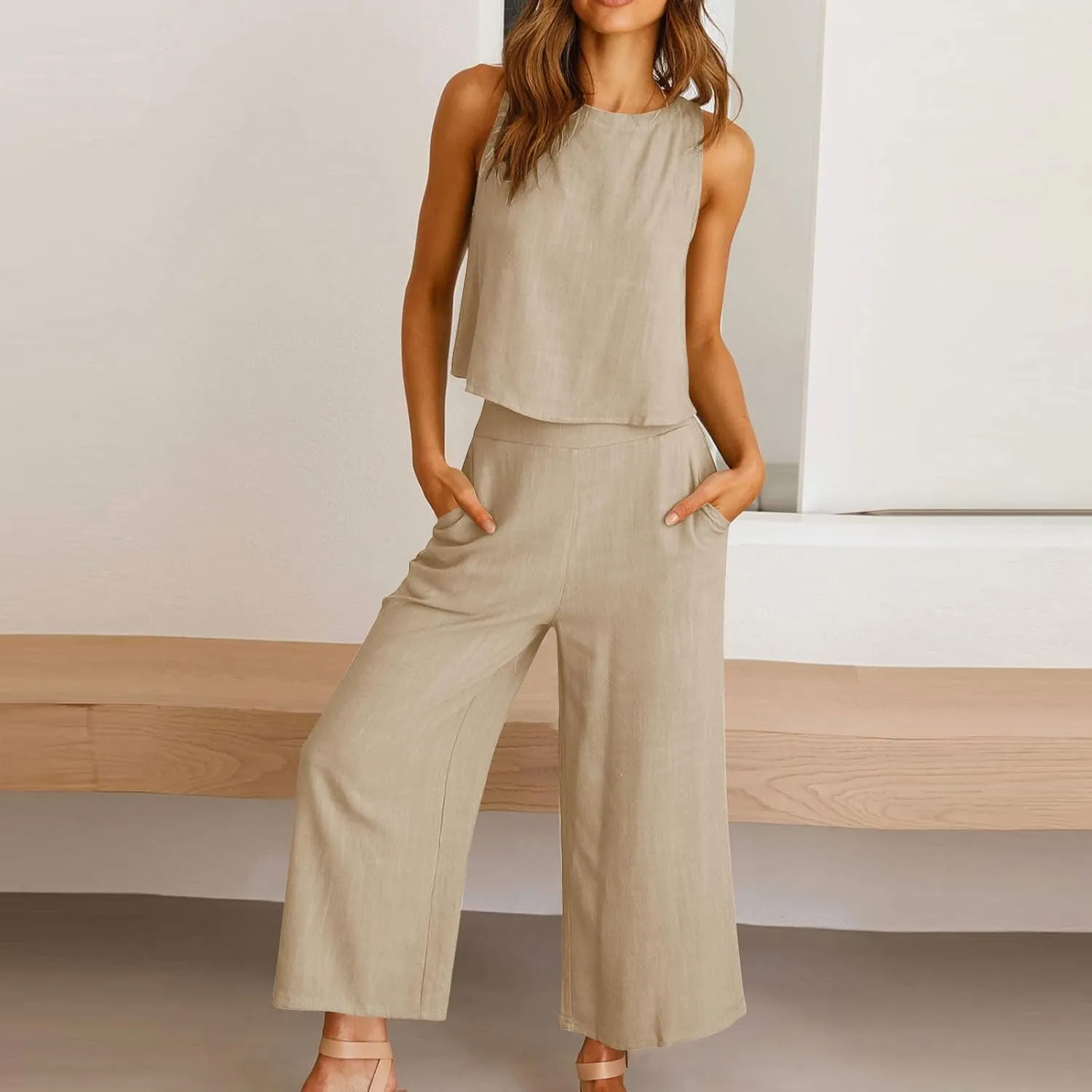 Women's Summer Cotton Linen 2 Piece Outfits Sleeveless Crop Top Capri Wide Leg Pants Trendy Lounge Beach Travel Sets