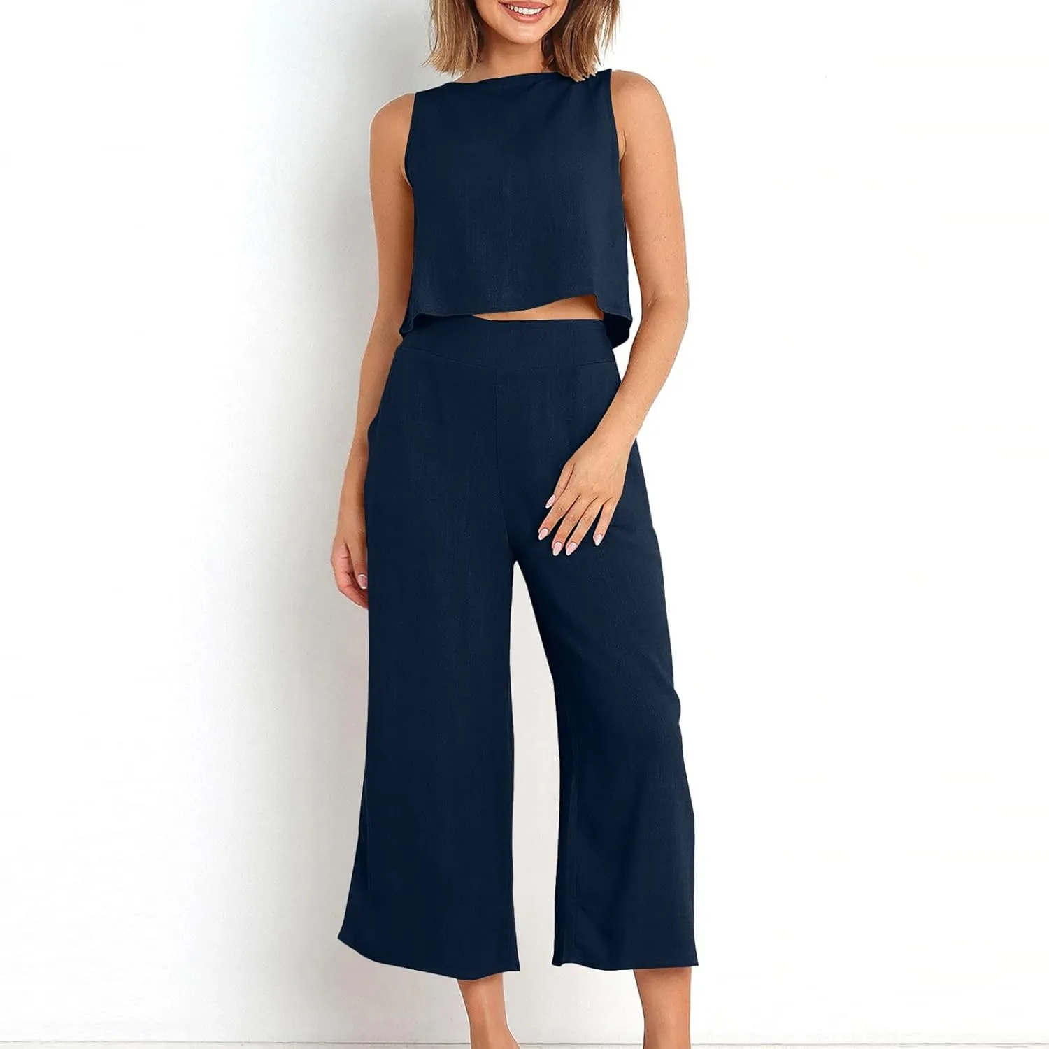 Women's Summer Cotton Linen 2 Piece Outfits Sleeveless Crop Top Capri Wide Leg Pants Trendy Lounge Beach Travel Sets