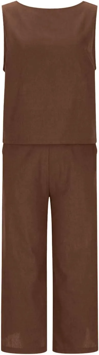 Women's Summer Cotton Linen 2 Piece Outfits Sleeveless Crop Top Capri Wide Leg Pants Trendy Lounge Beach Travel Sets