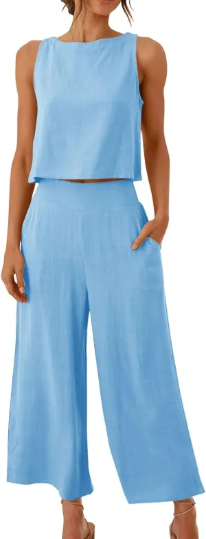 Women's Summer Cotton Linen 2 Piece Outfits Sleeveless Crop Top Capri Wide Leg Pants Trendy Lounge Beach Travel Sets