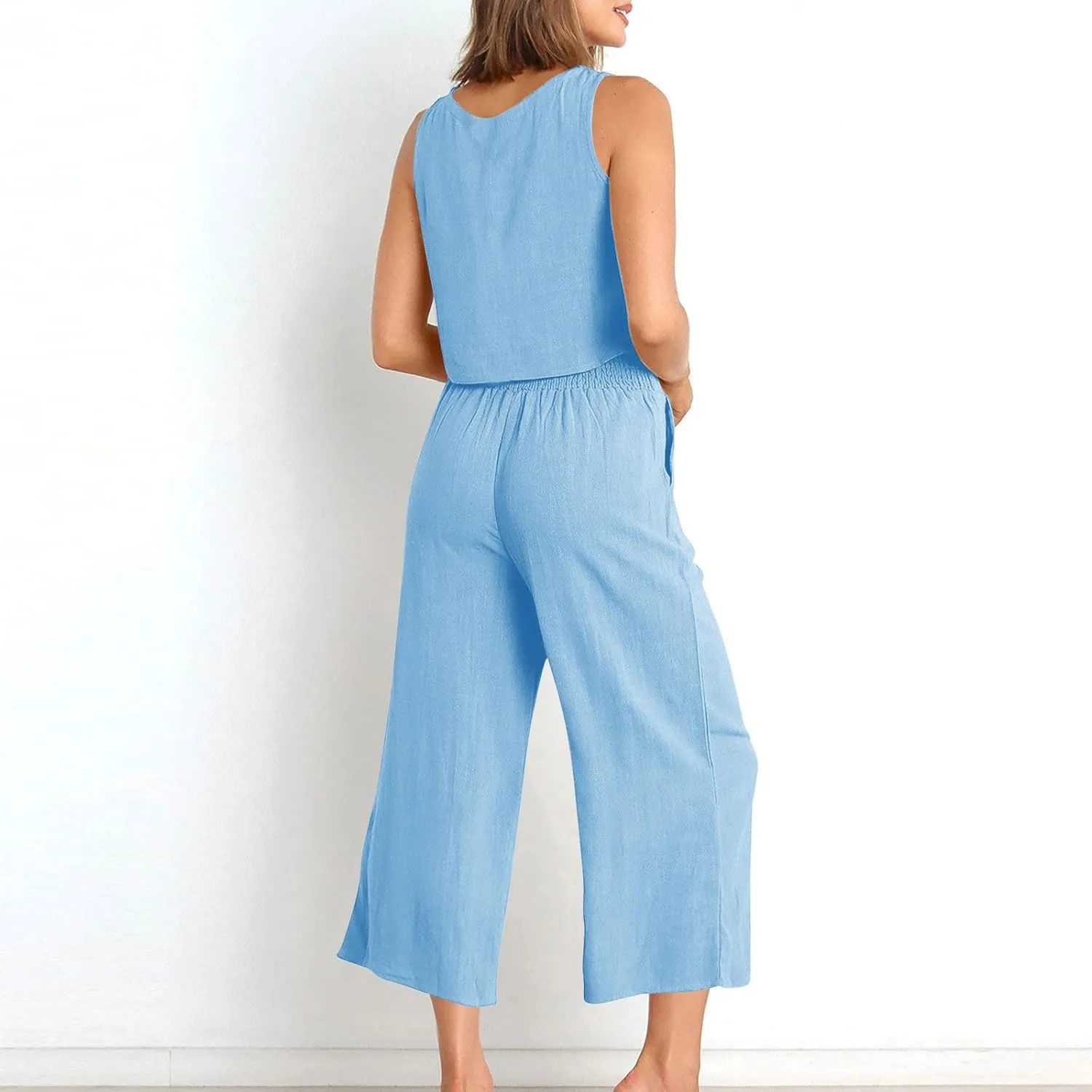 Women's Summer Cotton Linen 2 Piece Outfits Sleeveless Crop Top Capri Wide Leg Pants Trendy Lounge Beach Travel Sets