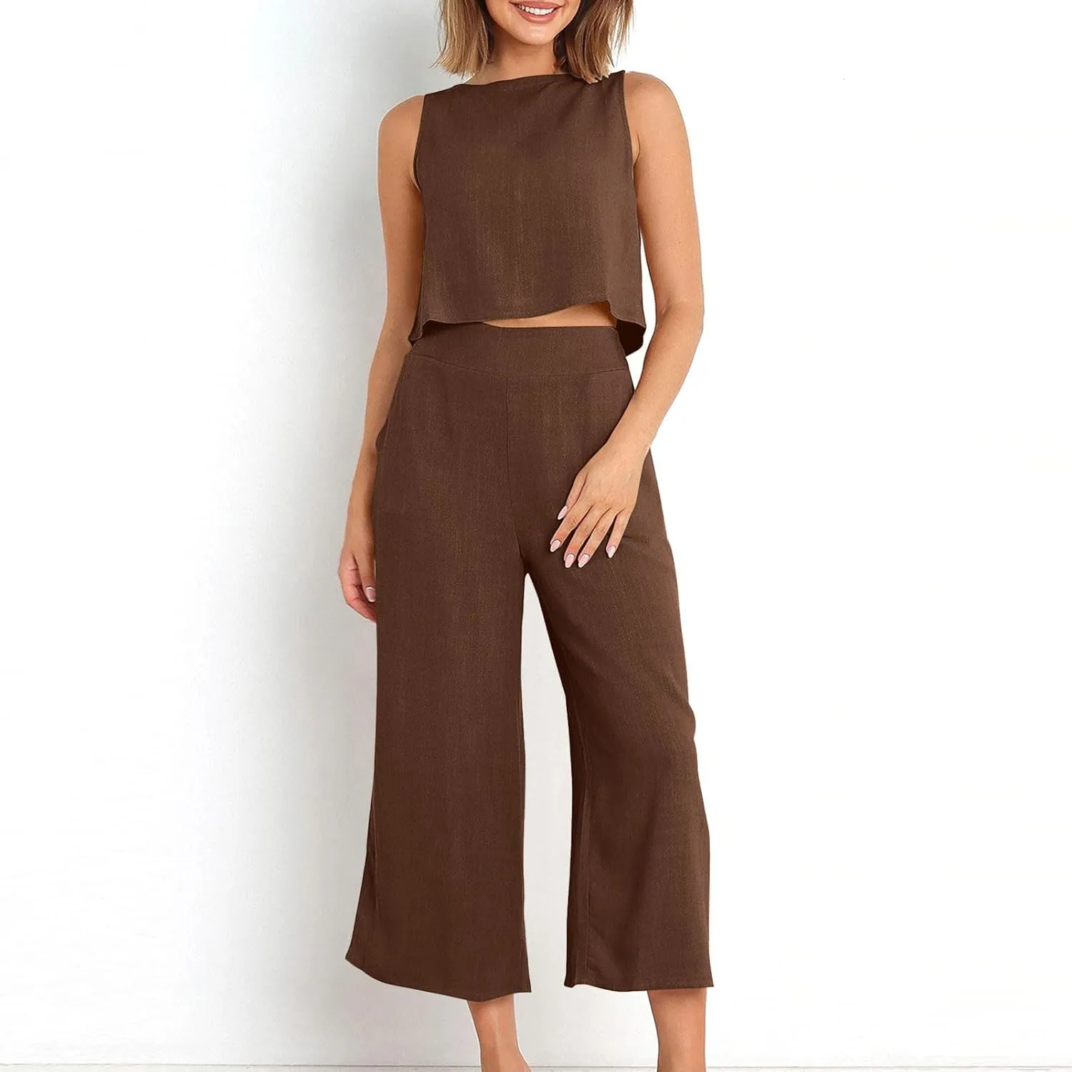 Women's Summer Cotton Linen 2 Piece Outfits Sleeveless Crop Top Capri Wide Leg Pants Trendy Lounge Beach Travel Sets