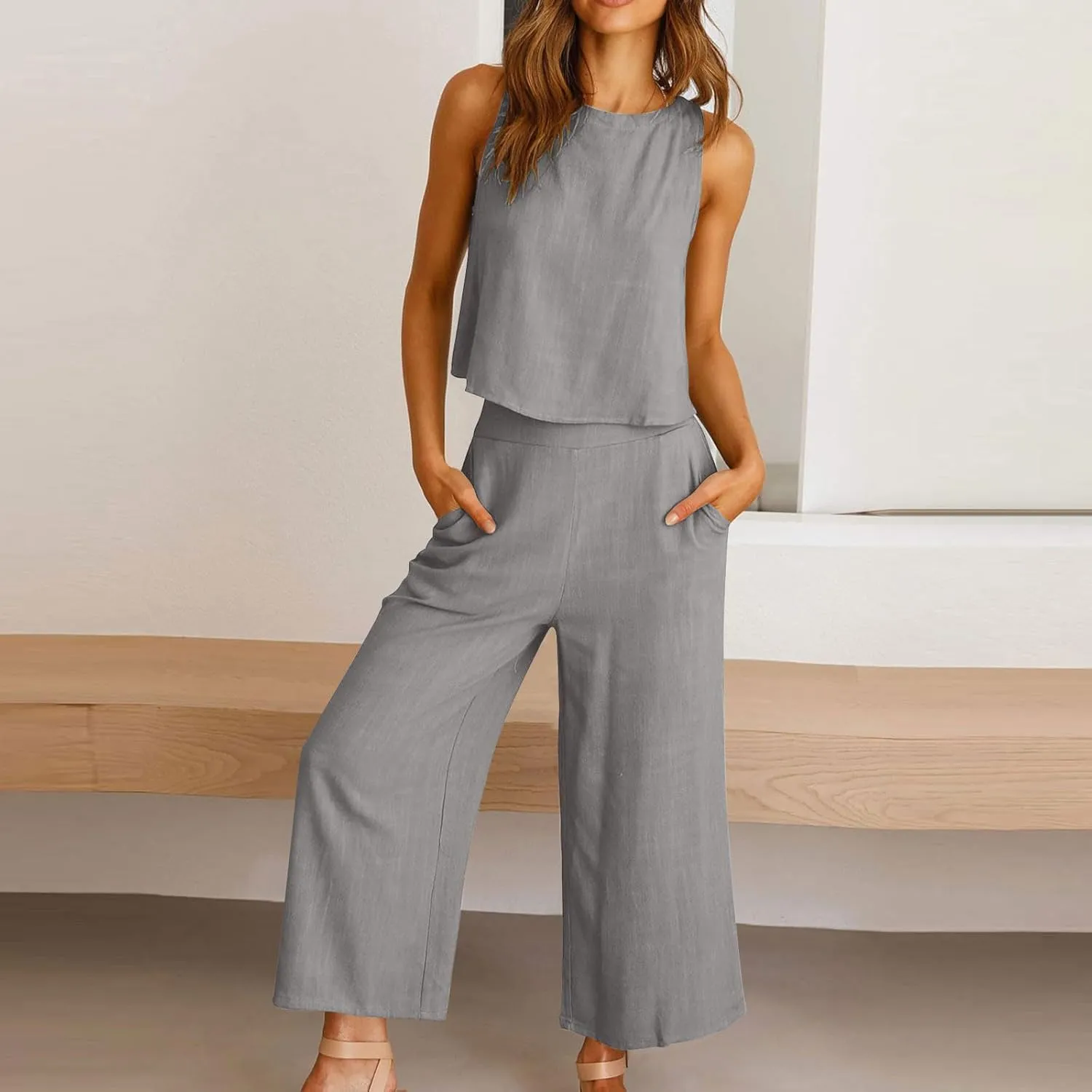 Women's Summer Cotton Linen 2 Piece Outfits Sleeveless Crop Top Capri Wide Leg Pants Trendy Lounge Beach Travel Sets