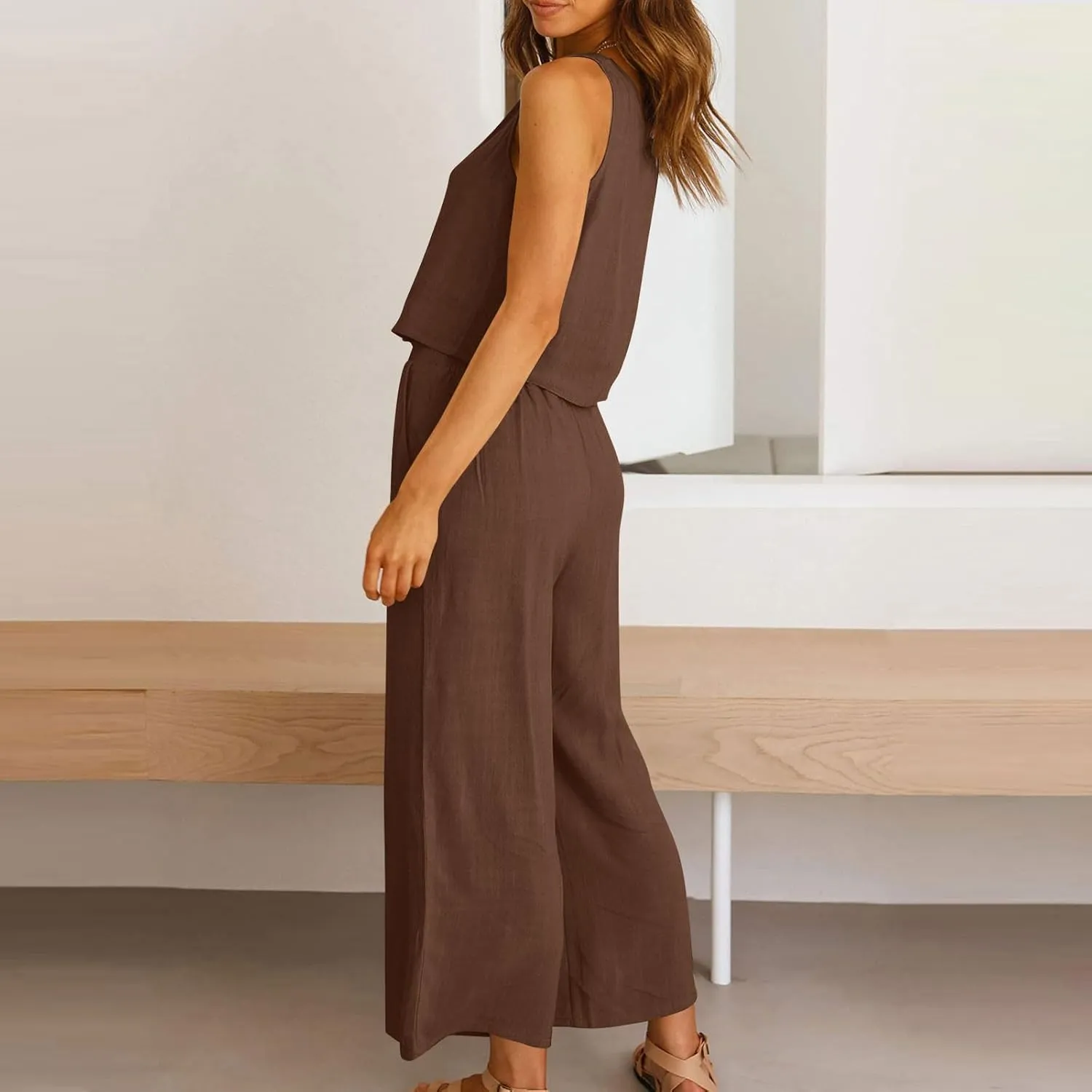 Women's Summer Cotton Linen 2 Piece Outfits Sleeveless Crop Top Capri Wide Leg Pants Trendy Lounge Beach Travel Sets