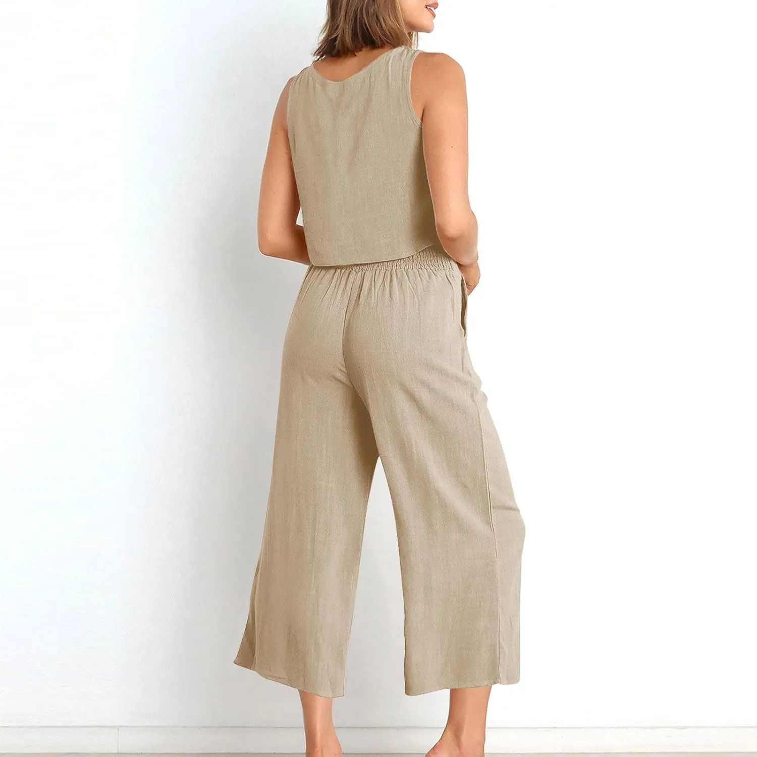 Women's Summer Cotton Linen 2 Piece Outfits Sleeveless Crop Top Capri Wide Leg Pants Trendy Lounge Beach Travel Sets