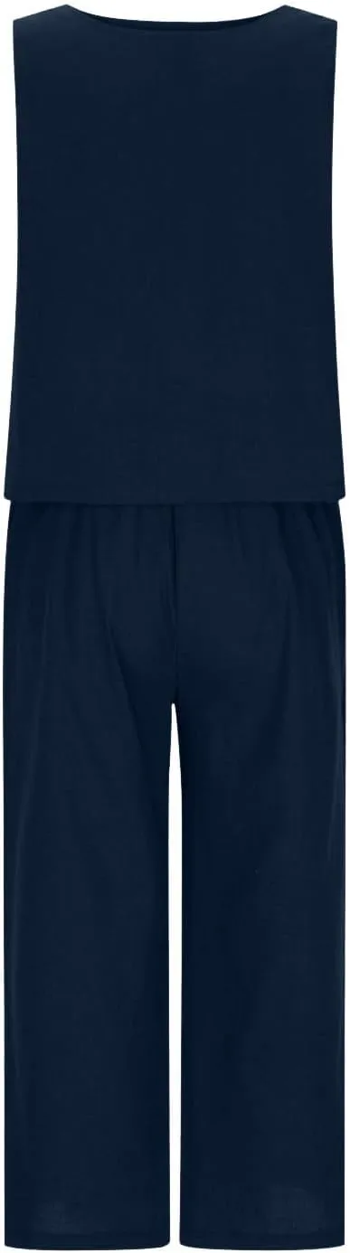 Women's Summer Cotton Linen 2 Piece Outfits Sleeveless Crop Top Capri Wide Leg Pants Trendy Lounge Beach Travel Sets