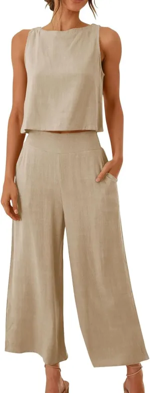 Women's Summer Cotton Linen 2 Piece Outfits Sleeveless Crop Top Capri Wide Leg Pants Trendy Lounge Beach Travel Sets